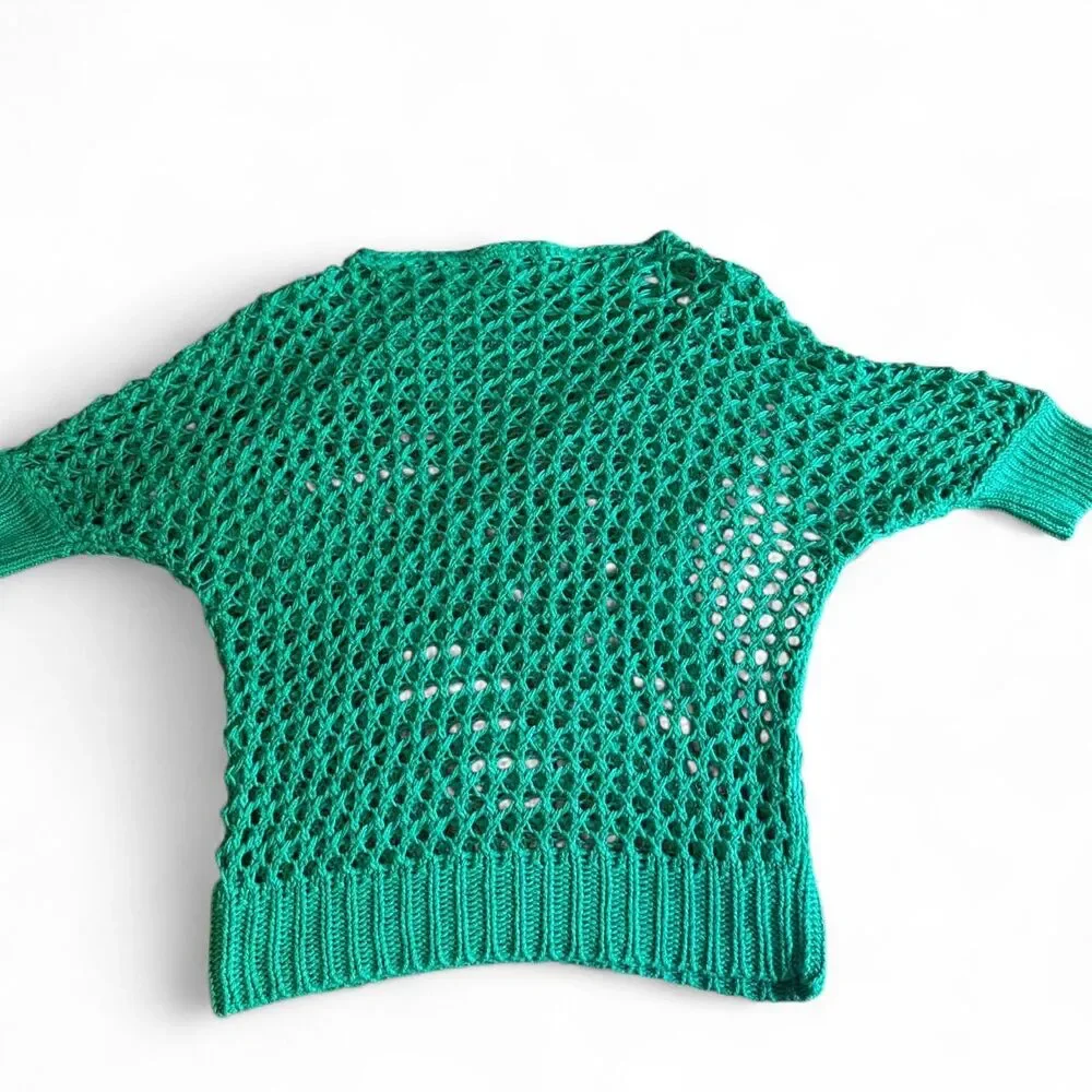 Chico's Open Knit Crochet Sweater Green Linen Blend Mesh Net Pullover Size 1 M/L